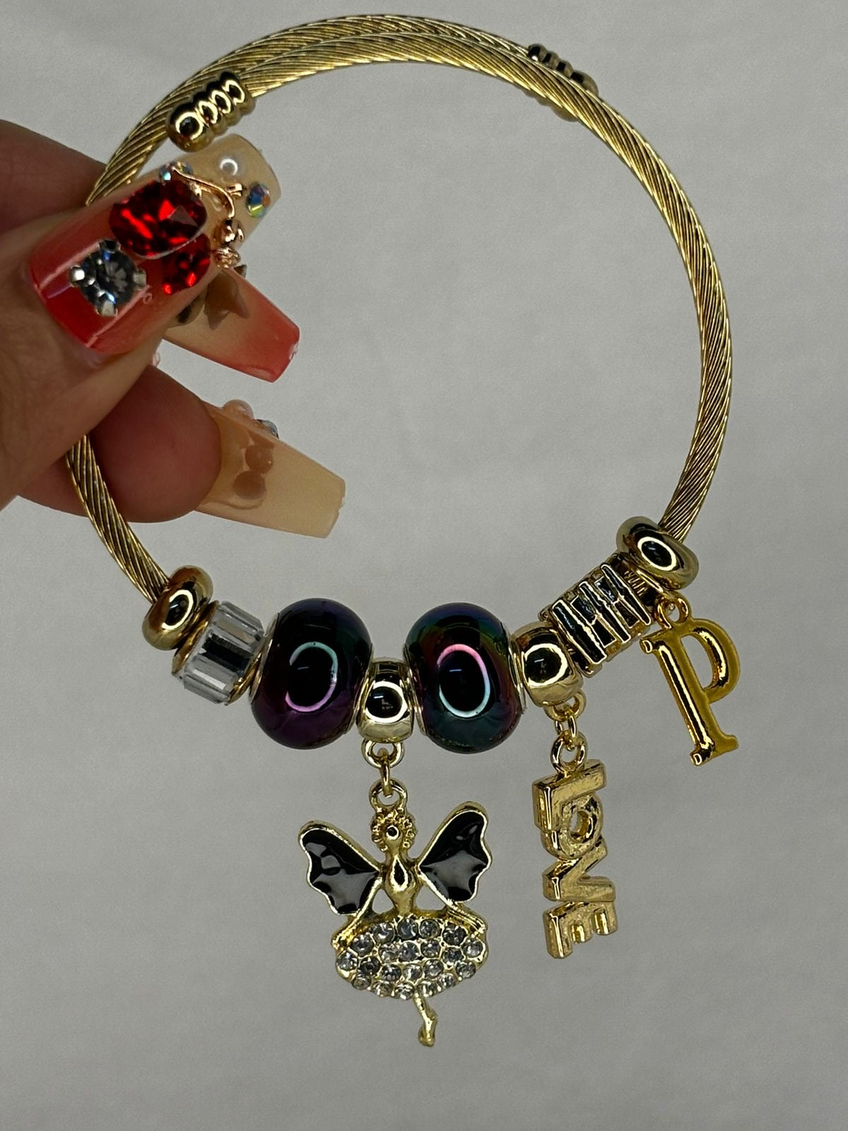 Pandora Charms Black Fairy Bracelet With Customised Initial ( Gold )
