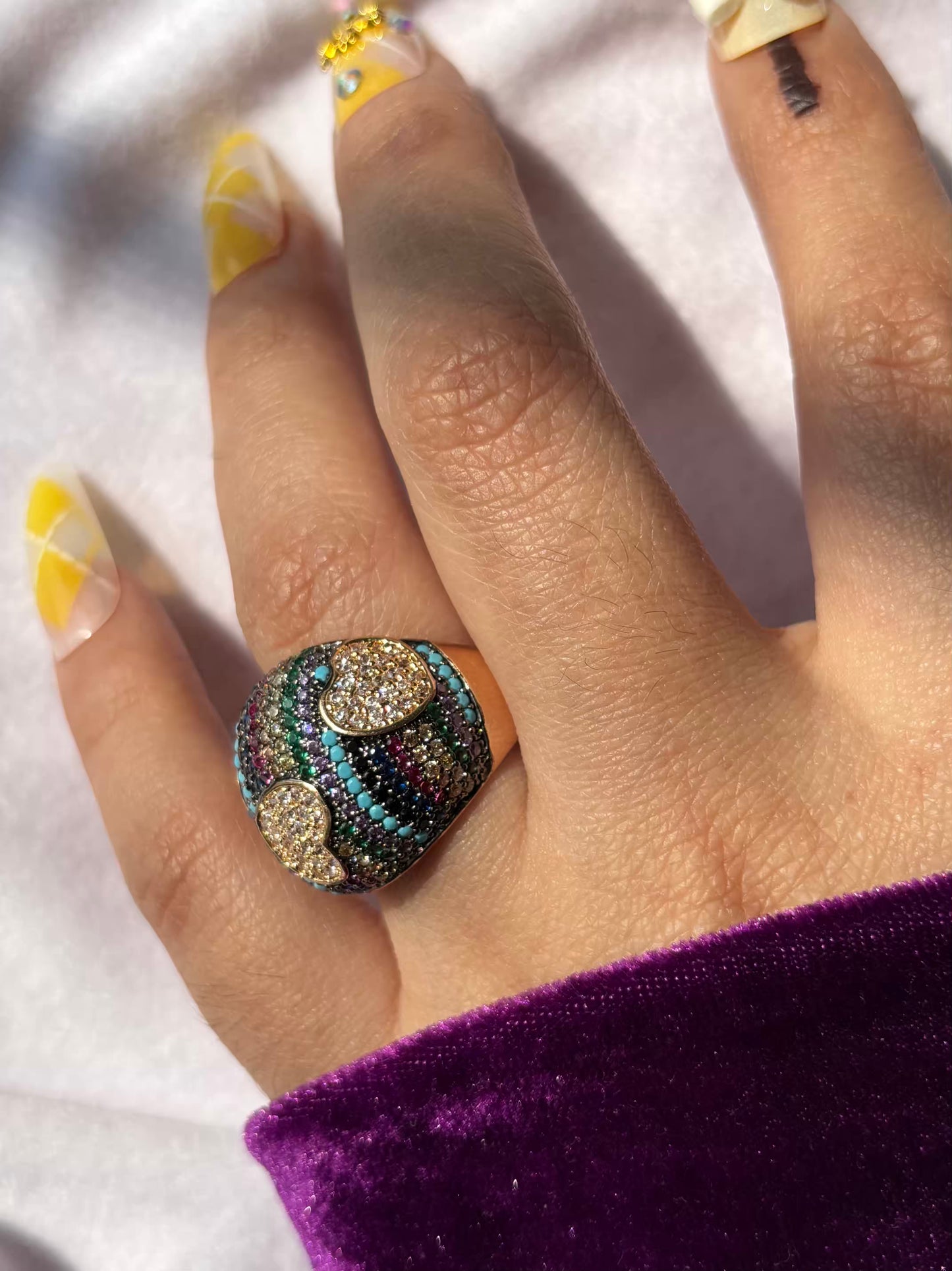 Premium Hearts Colourful Loaded Studs Cocktail Style Ring in Size 8 US - 18knGold
