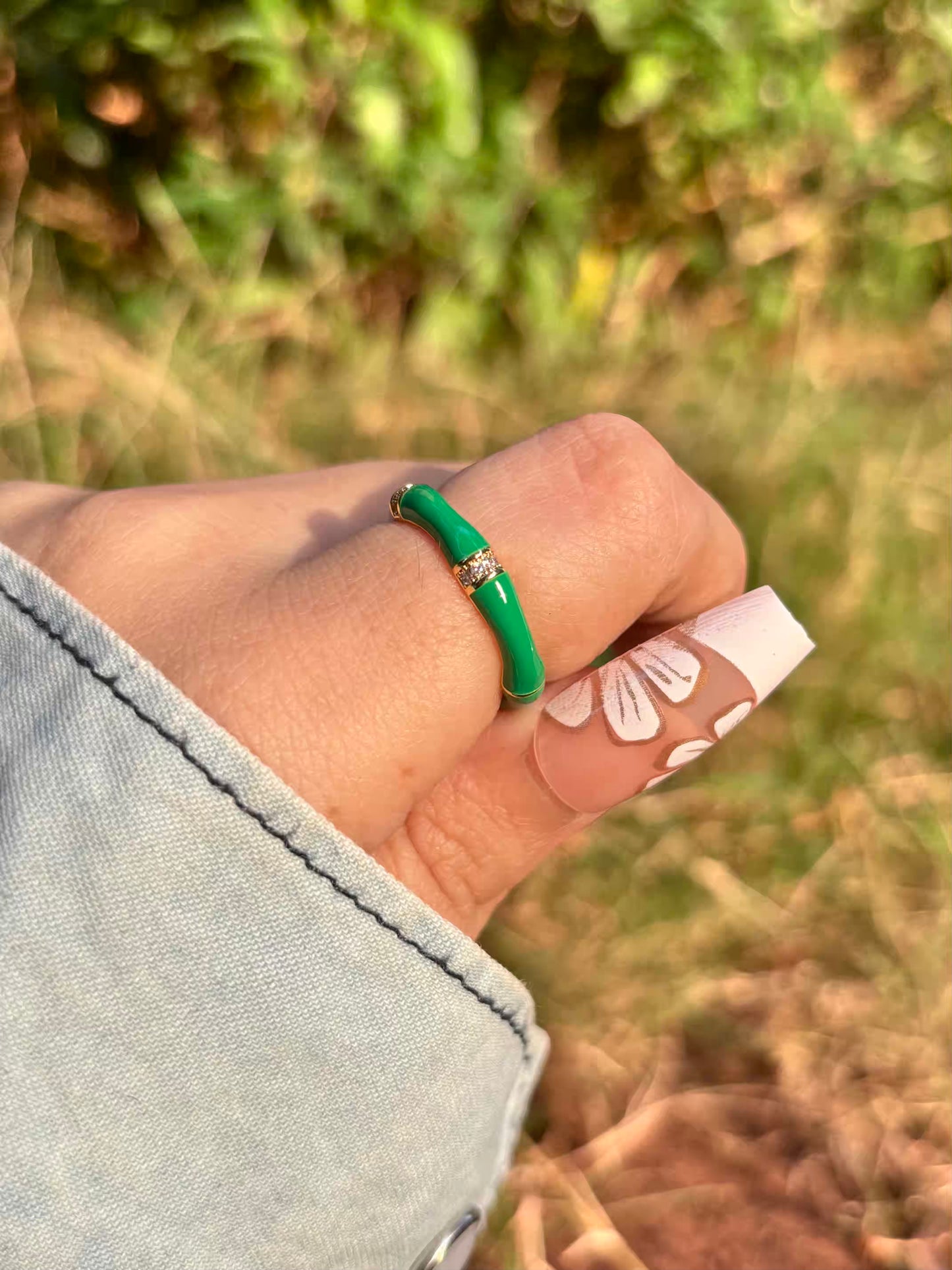 Green Bamboo Band Ring - Adjustable