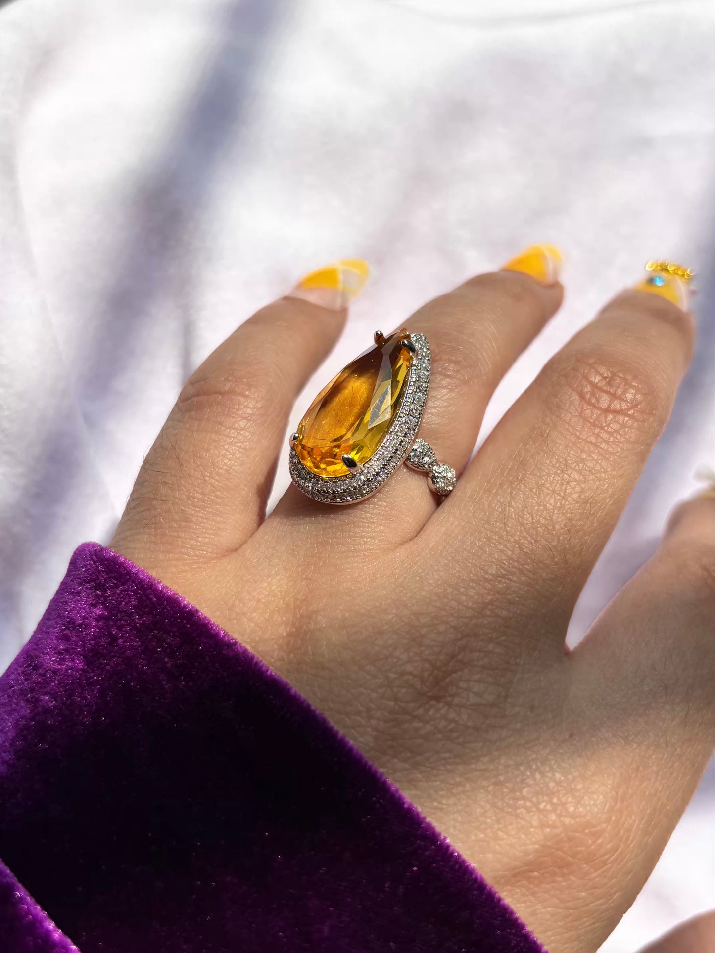 Long Drop Yellow Royal Solitaire Ring ( Silver ) - Adjustable