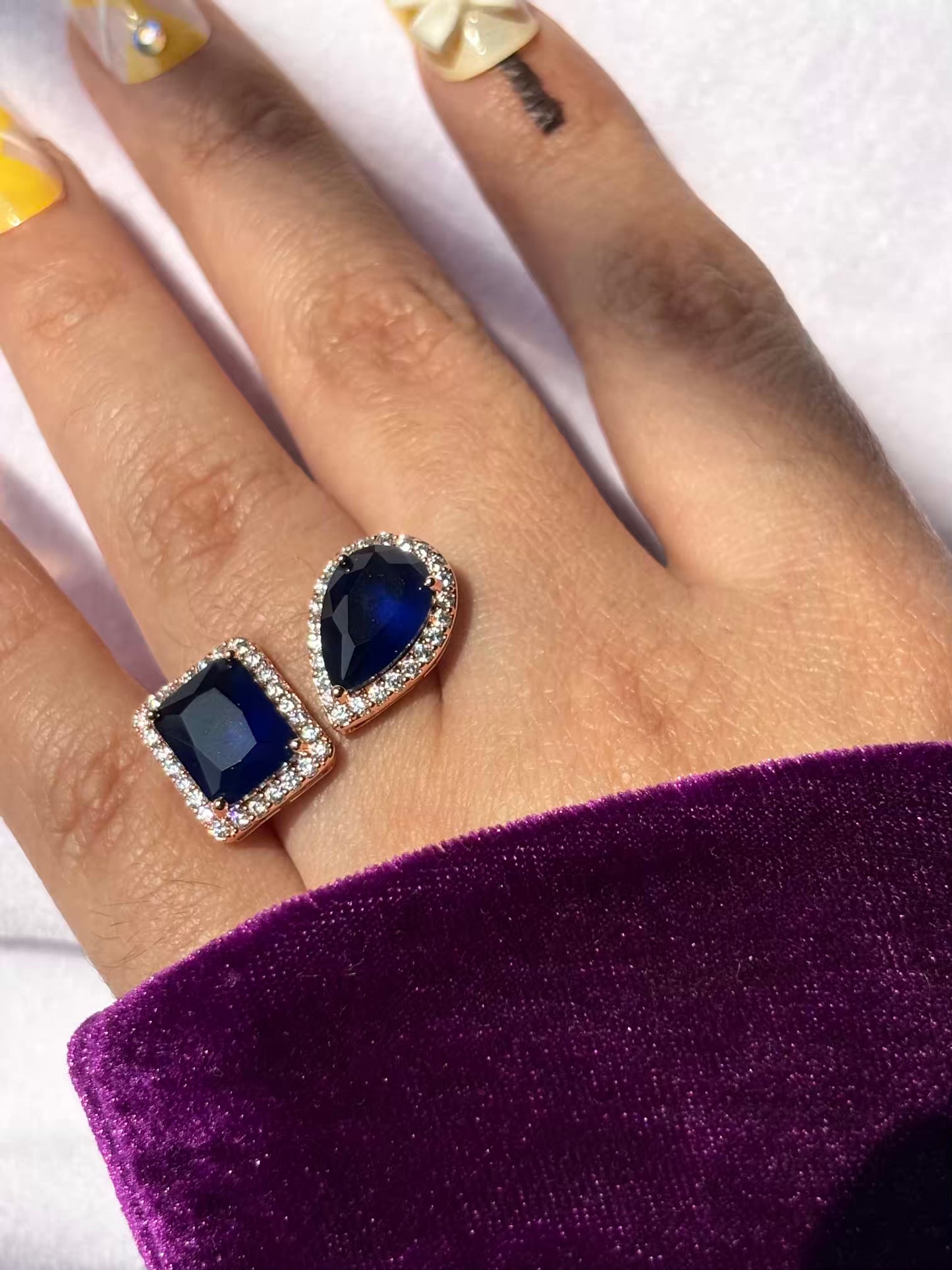 Dual Blue Sapphire Royal Solitaire Ring ( Rose Gold ) - Adjustable