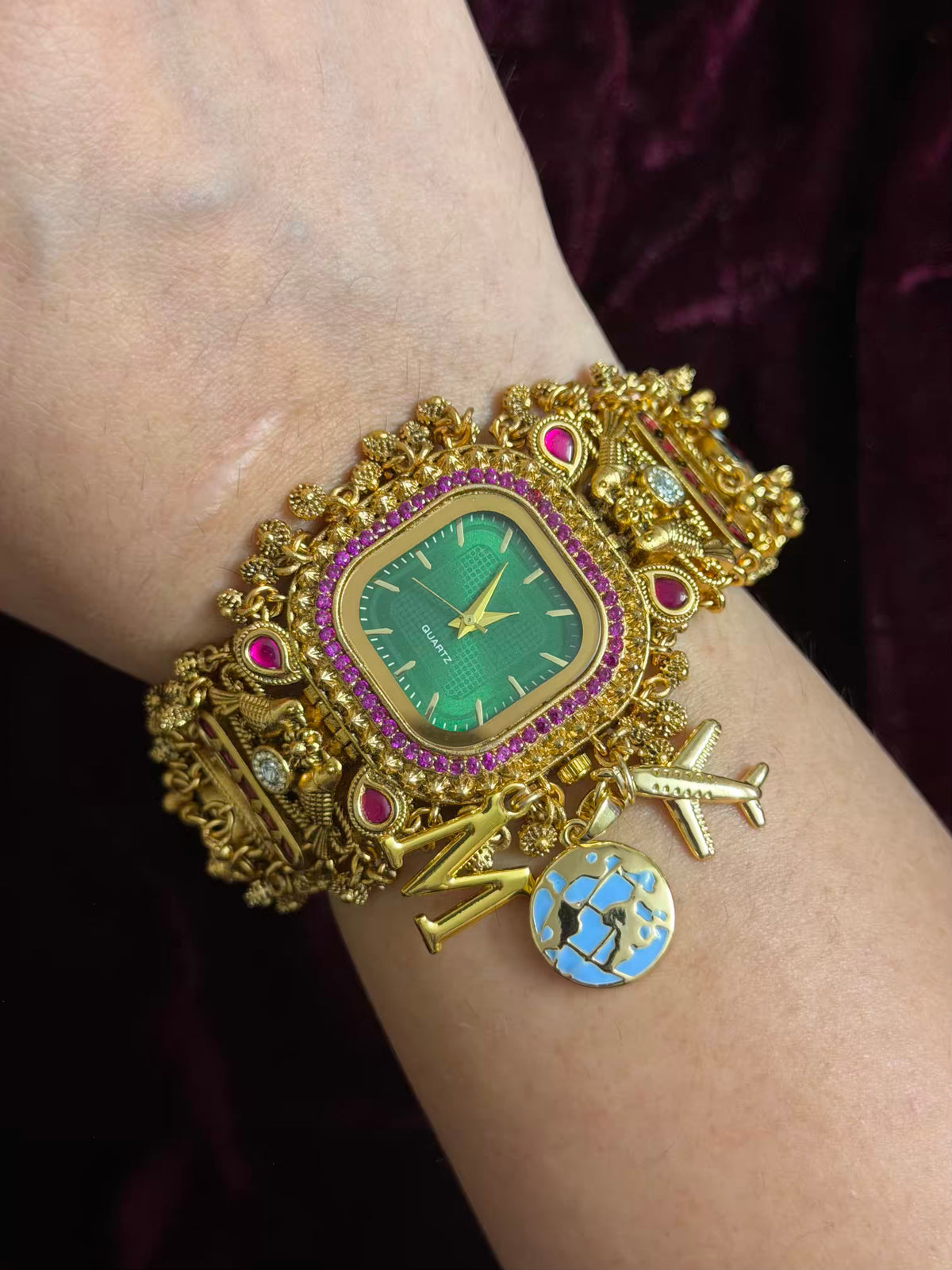 Green Square Dial Maharani Watch Heritage Bracelet with Airplane