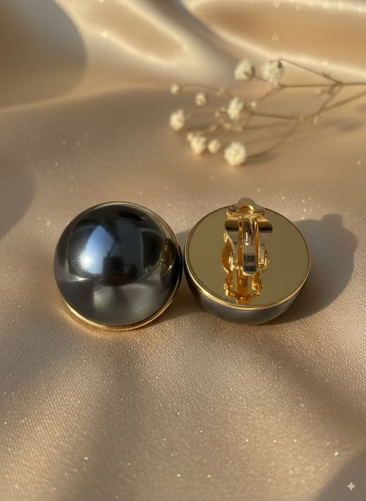 Black Shine 2.8cm Oversized Pearl Clip ons Studs Premium Earrings - 18K Gold Plated