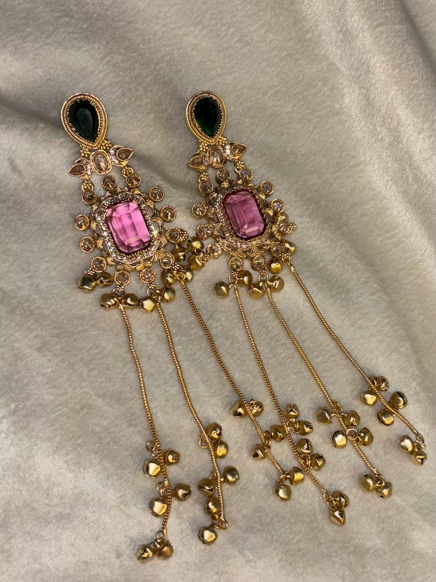 Pink Green Emerald Kashmiri Brass Premium Plated Ghungroo Earrings