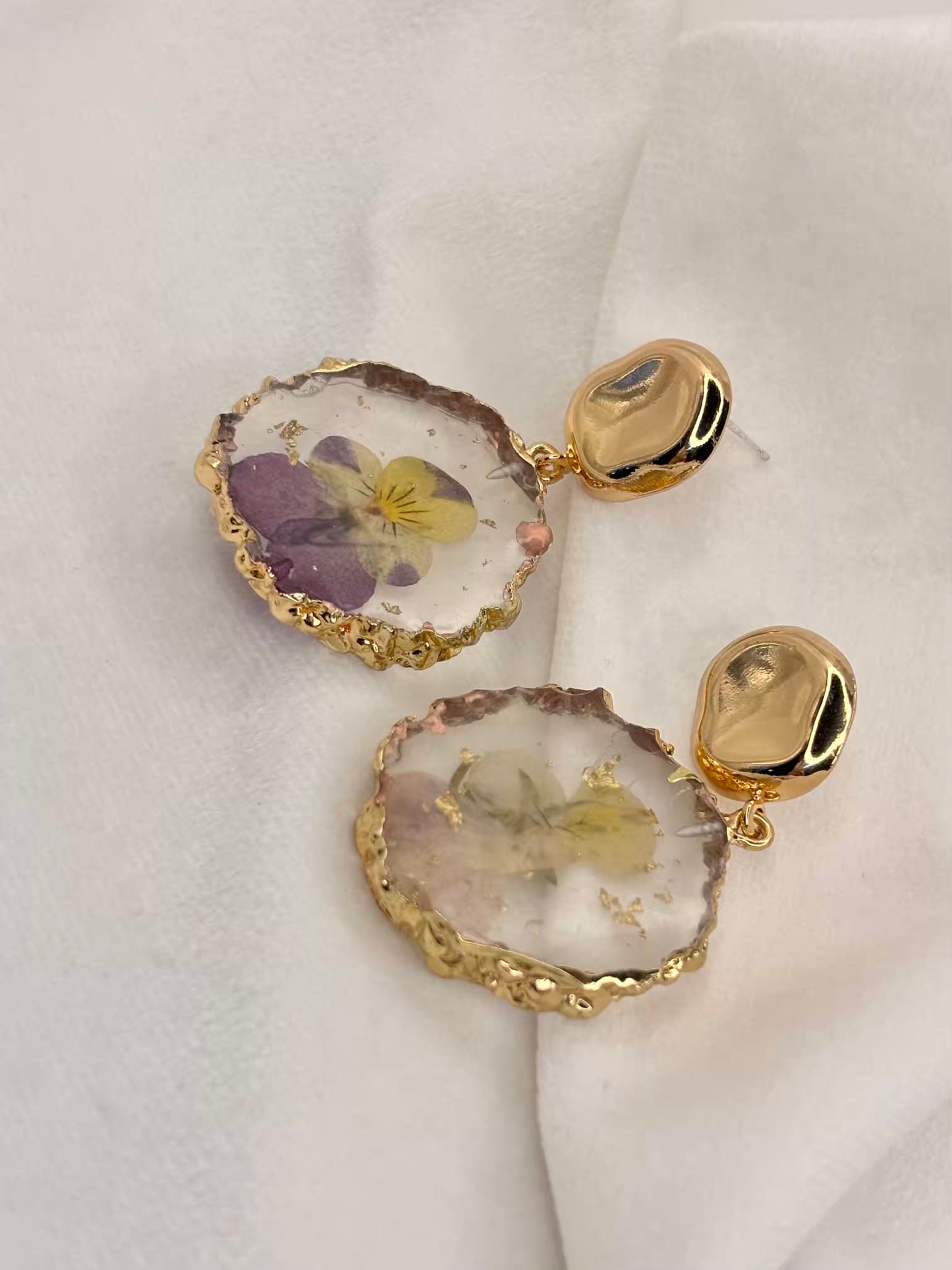 Purple Yellow Fresh Flower Earrings - Gold Plated