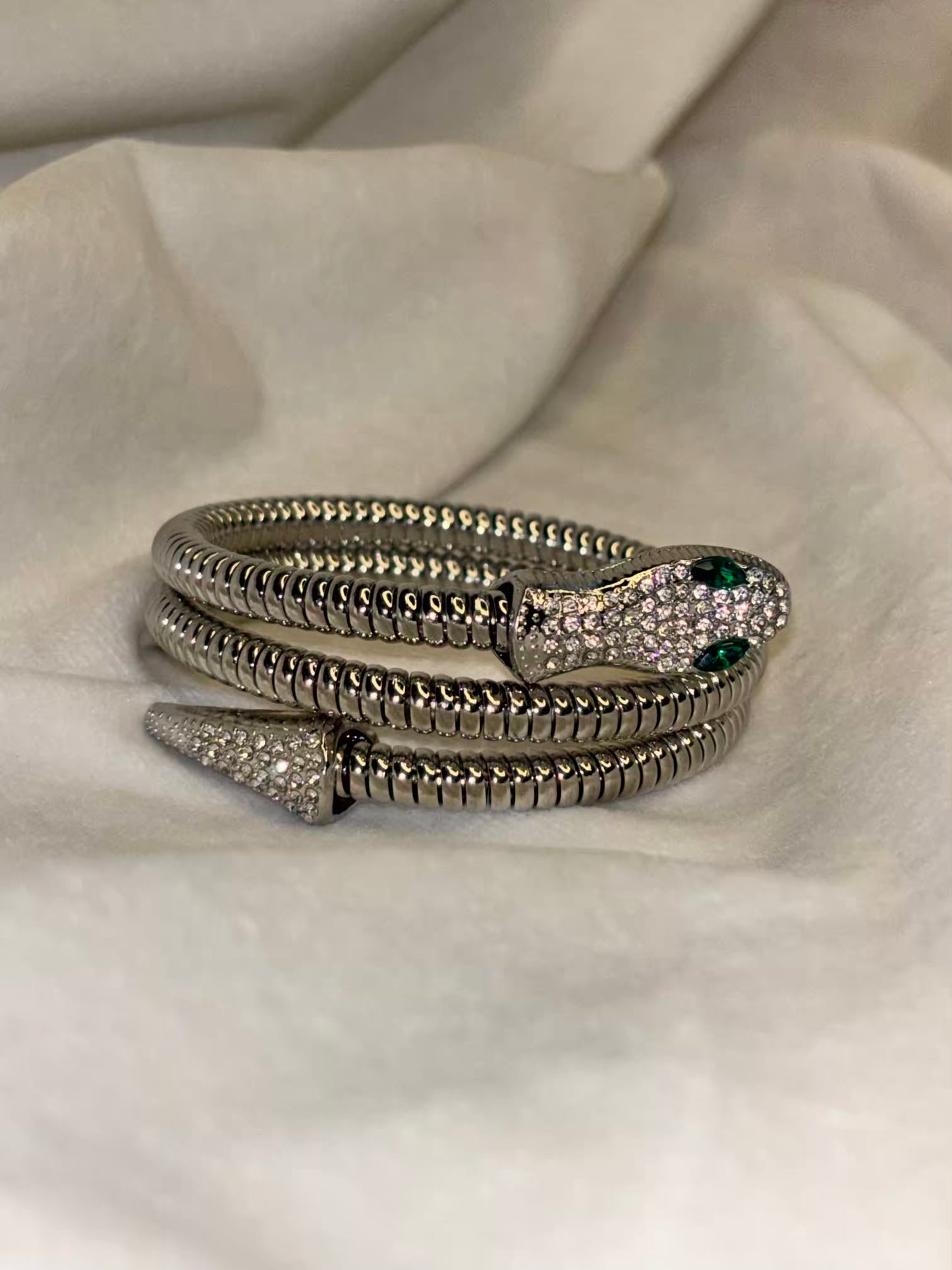 Snake Green Eyes Silver Bracelet