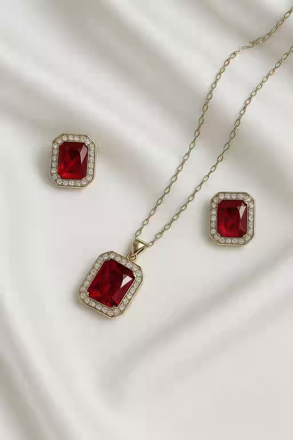 Red Pink Ruby Diamond Necklace Ear Studs Set - Silver Plated