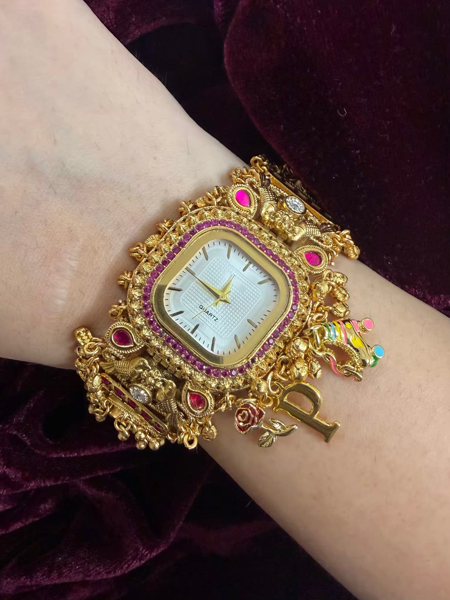 Square Dial Maharani Watch Heritage Bracelet with Skates and Rose ( Add your initial FREE )