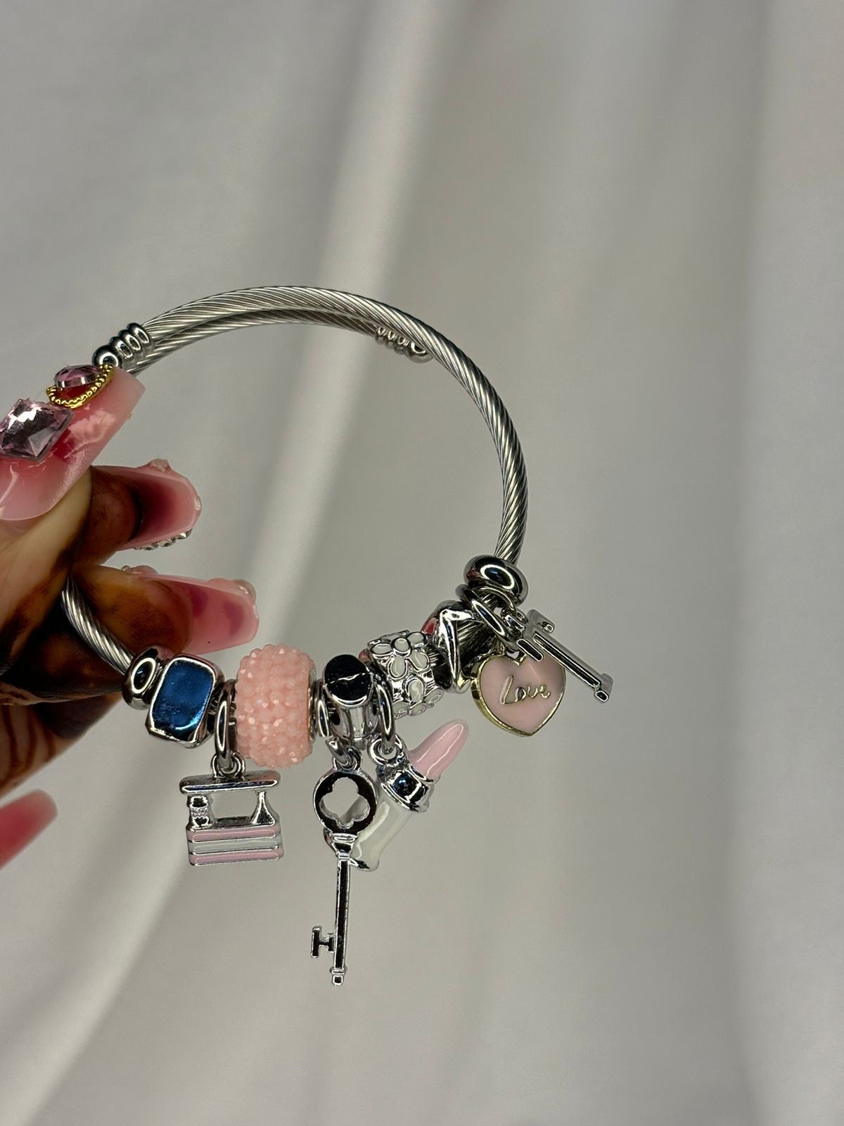Pandora Style Black Pink Lipstick Purse Charms Bracelet With Customised Initial ( Silver)