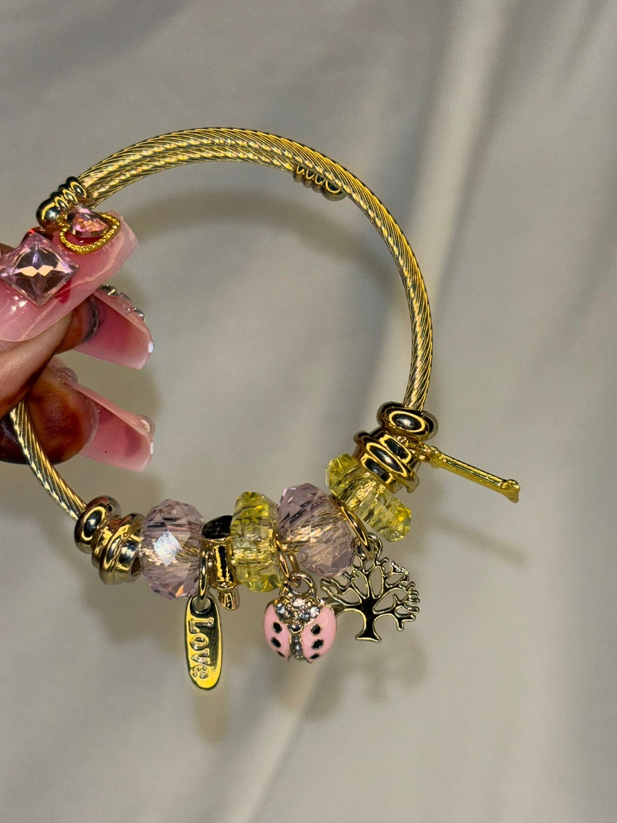 Pandora Pink Bug Tree Charms Bracelet With Customised Initial Gold)