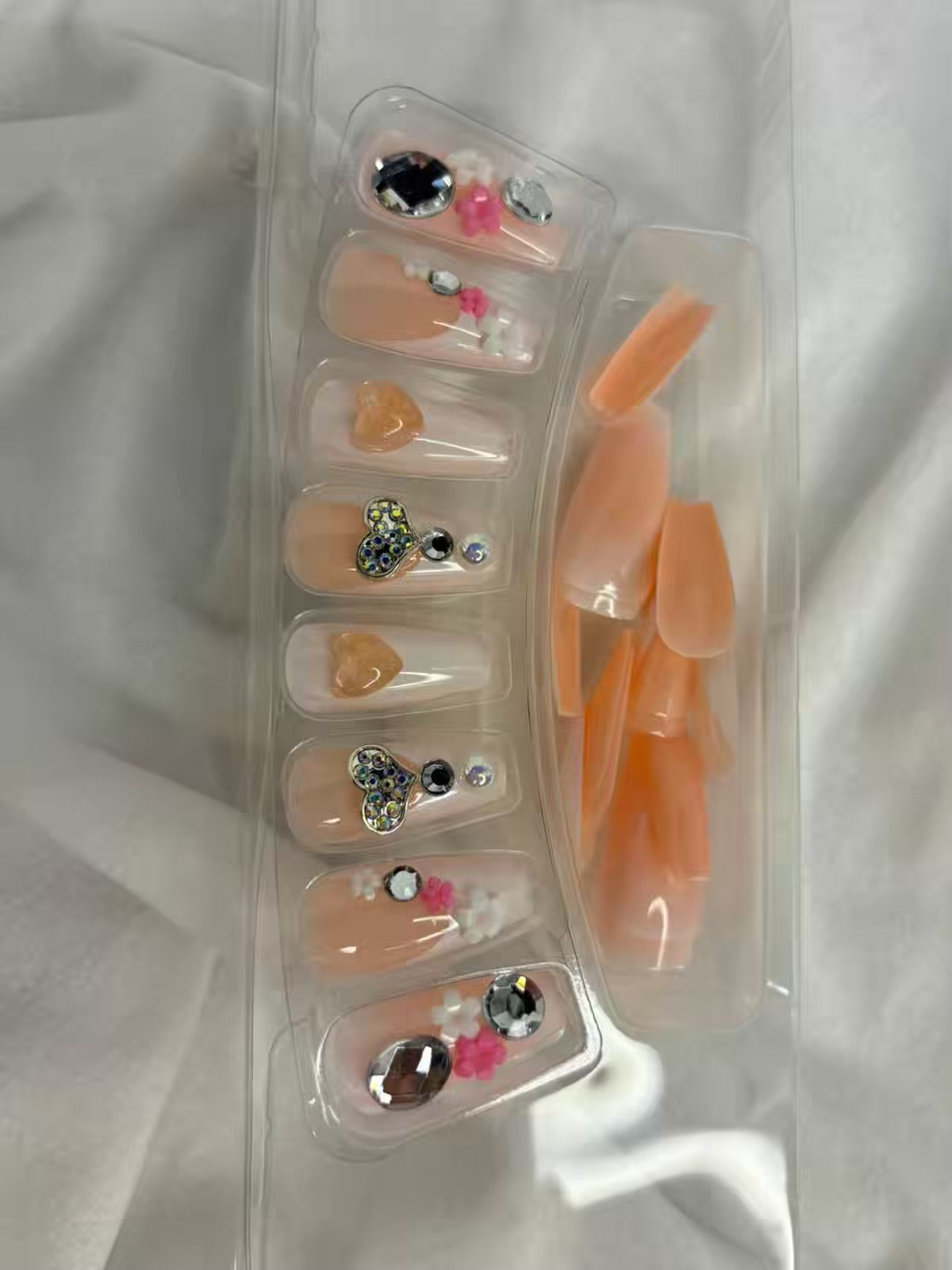 White Nude Peach Hearts Shimmery Fancy Party Bridal Press On Nails ( Set of 24 ) guy
