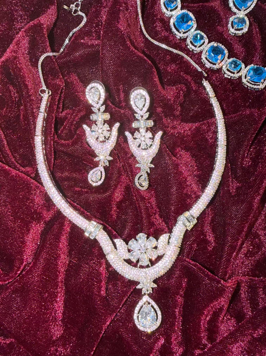 Silver Floral Drop Statement Necklace Set