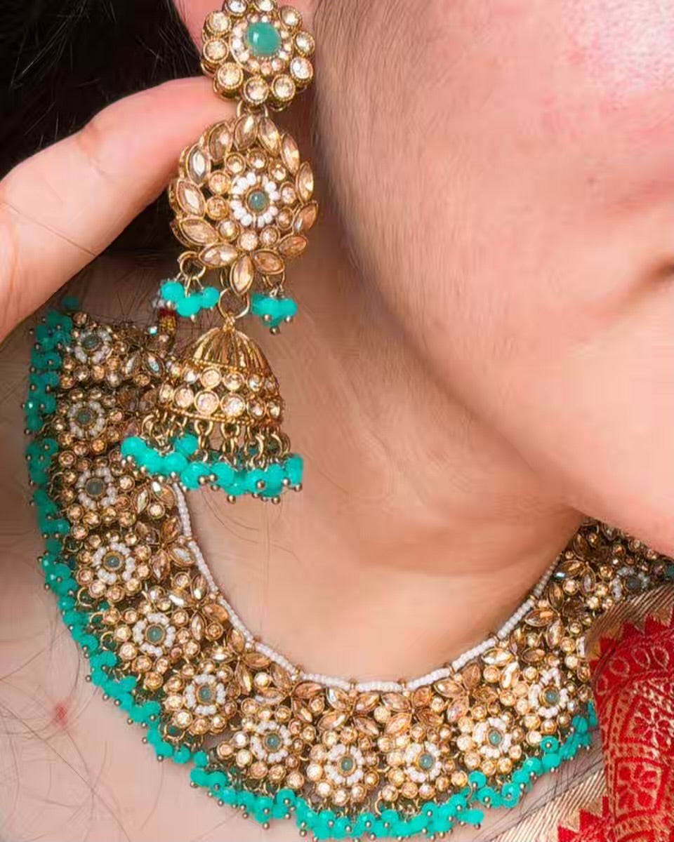 Premium Victorian Turquoise Blue Cyan Set of Necklace , Earrings and Maang Tika