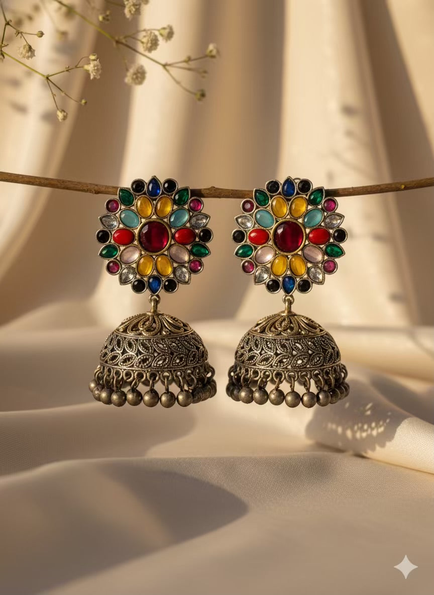 Multicoloured Stones Premium Oxidised Jhumka Ghungroo Silver Plated Earrings