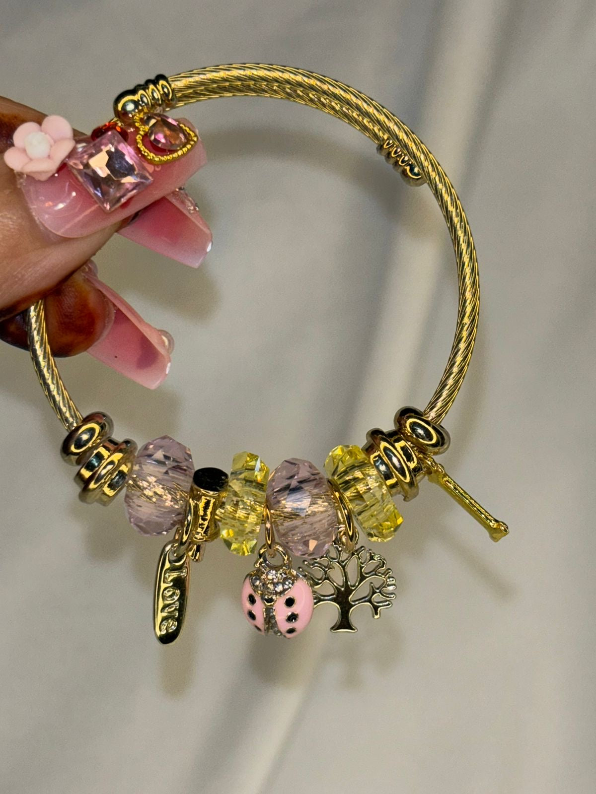 Pandora Pink Bug Tree Charms Bracelet With Customised Initial ( Gold)