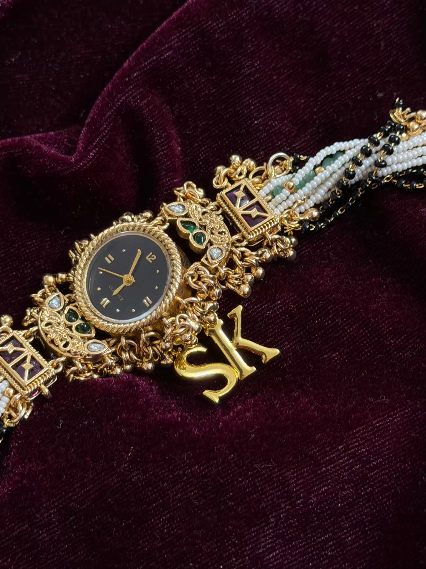 Nazar Mangalsutra Beads Black Round Dial Gold Maharani Watch Design Heritage Bracelet