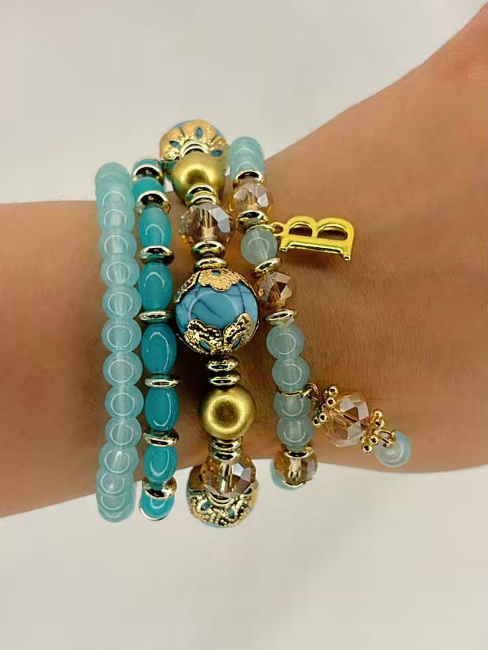 Sky Blue Beaded Crystals Hamsa Elastic Stretchable Bracelet With Customised Initial Alphabet Unisex for Men / Women