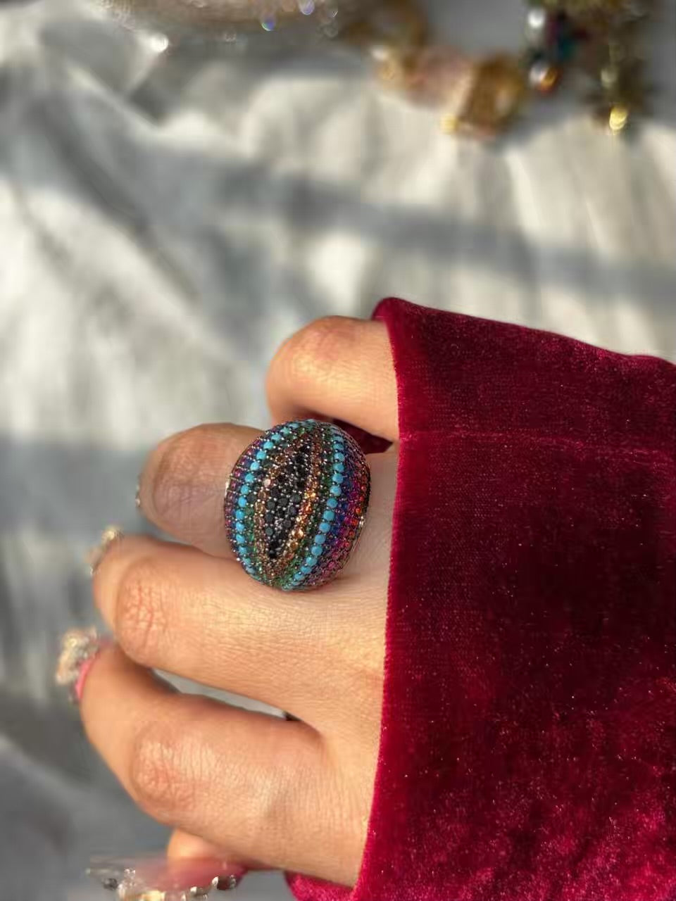 Rainbow Blue Sapphire Pink Stones Ring ( Gold Colour Plated ( Size 8 US )