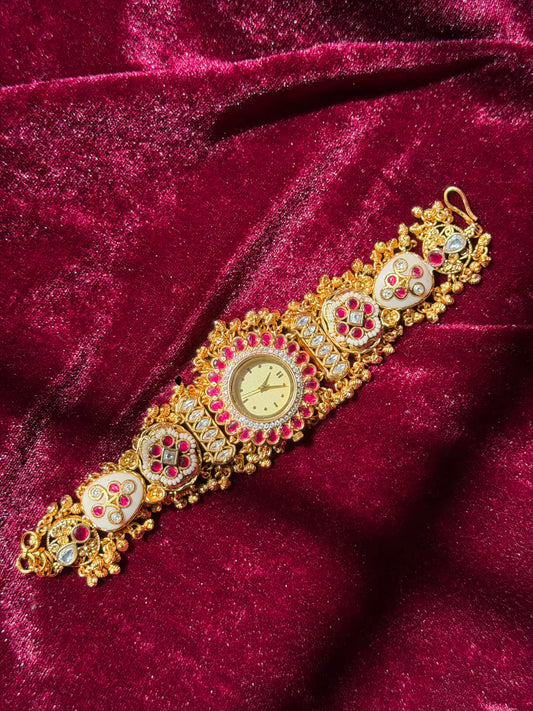 Mahalaxmi Inspired Rudra Motif Creamy Kundan Gold Plated Heritage Maharani Watch ( Partial COD 200₹ )