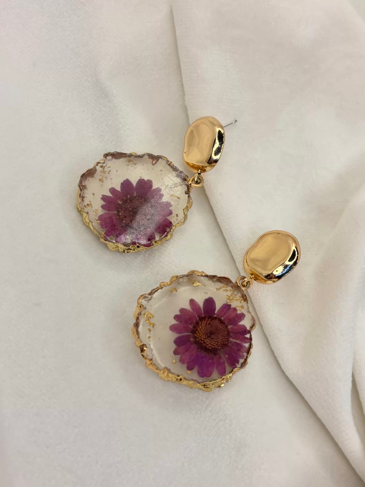 Magenta Pink Jamun Sunflower Pearl Earrings - Gold Plated
