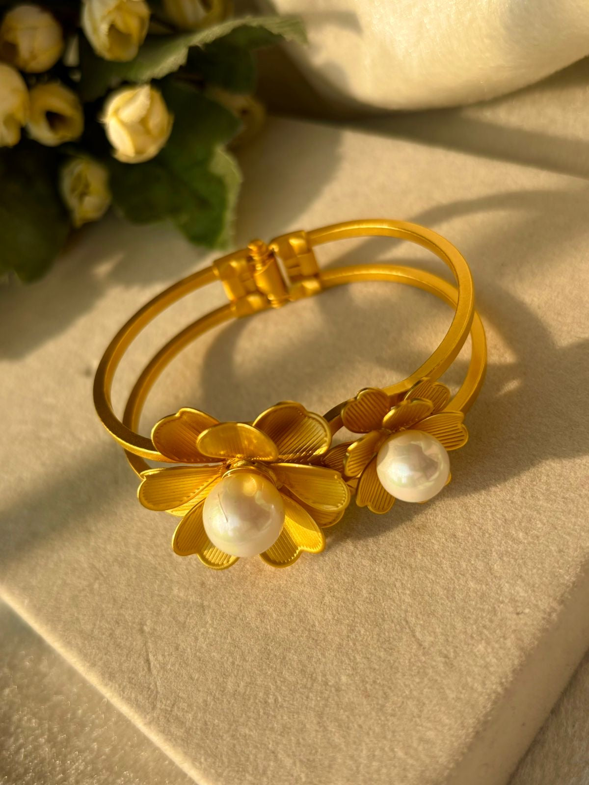 Ariana Real Bloomy Pearls Kada Bracelet Bangle - Gold