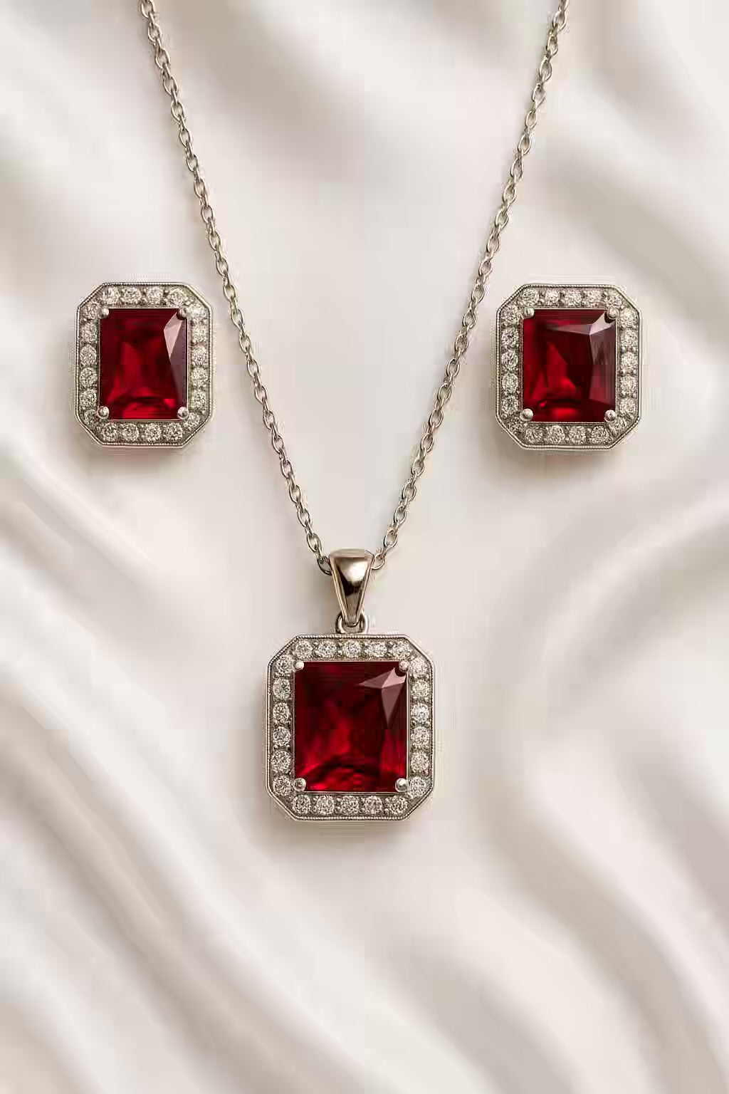 Red Pink Ruby Diamond Necklace Ear Studs Set - Silver Plated
