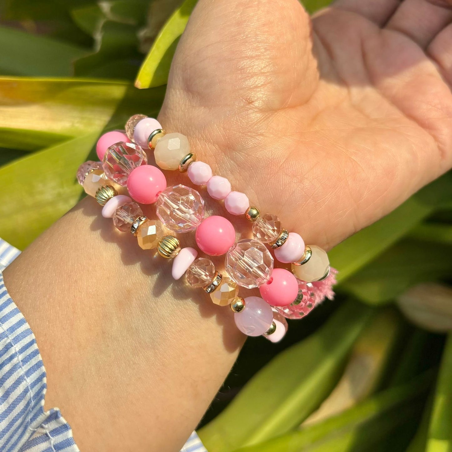 Pink Crystals Stack Elastic Bracelet With Customised Initial ( Silver )