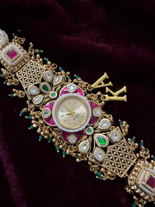 New Launch Kundan Floral Premium Gold Maharani Watch Design Heritage Bracelet ( Initials will be customised )