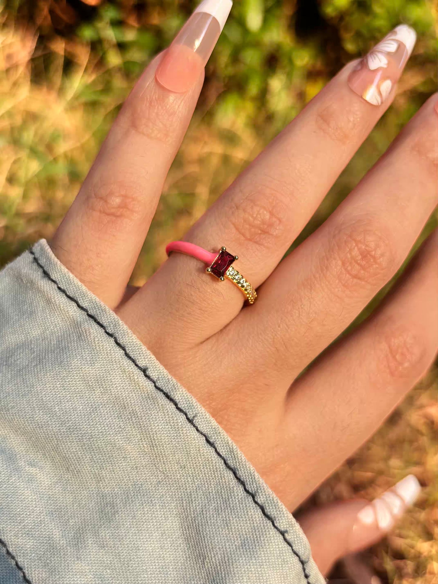 Ruby Pink Solitaire Band Ring - Adjustable