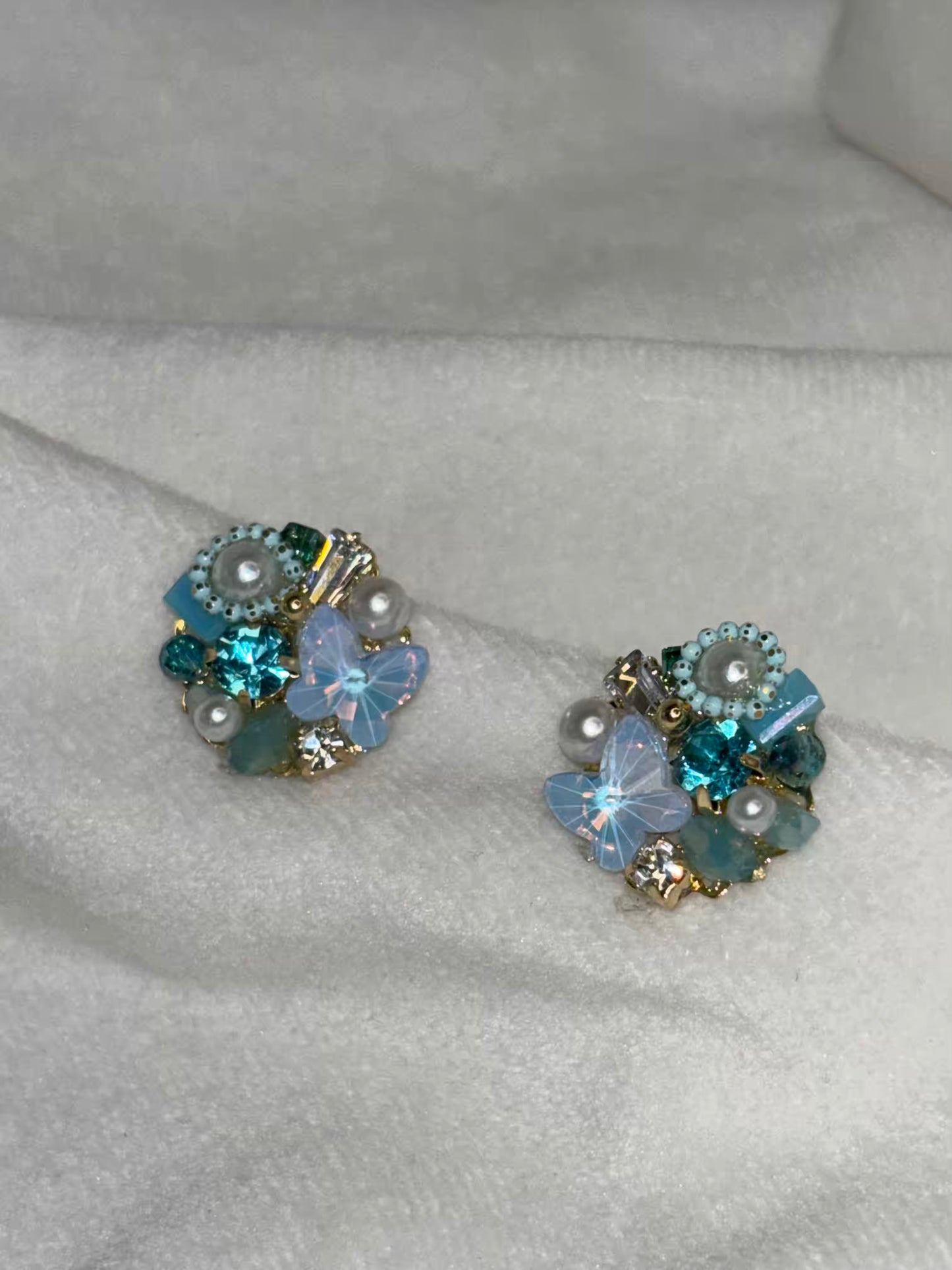 Blue Butterfly Small Pearly Earrings Studs - Gold Plated