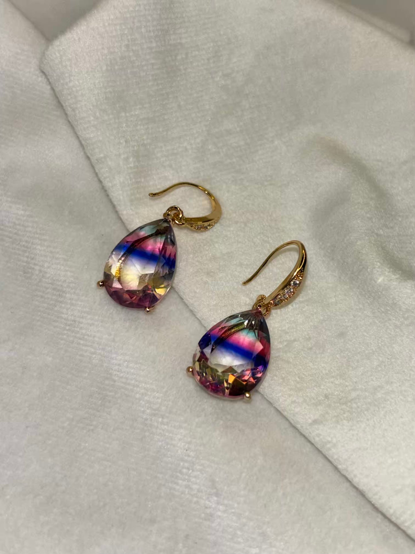 Pink Blue Crystals Transparent Earrings - Gold Plated