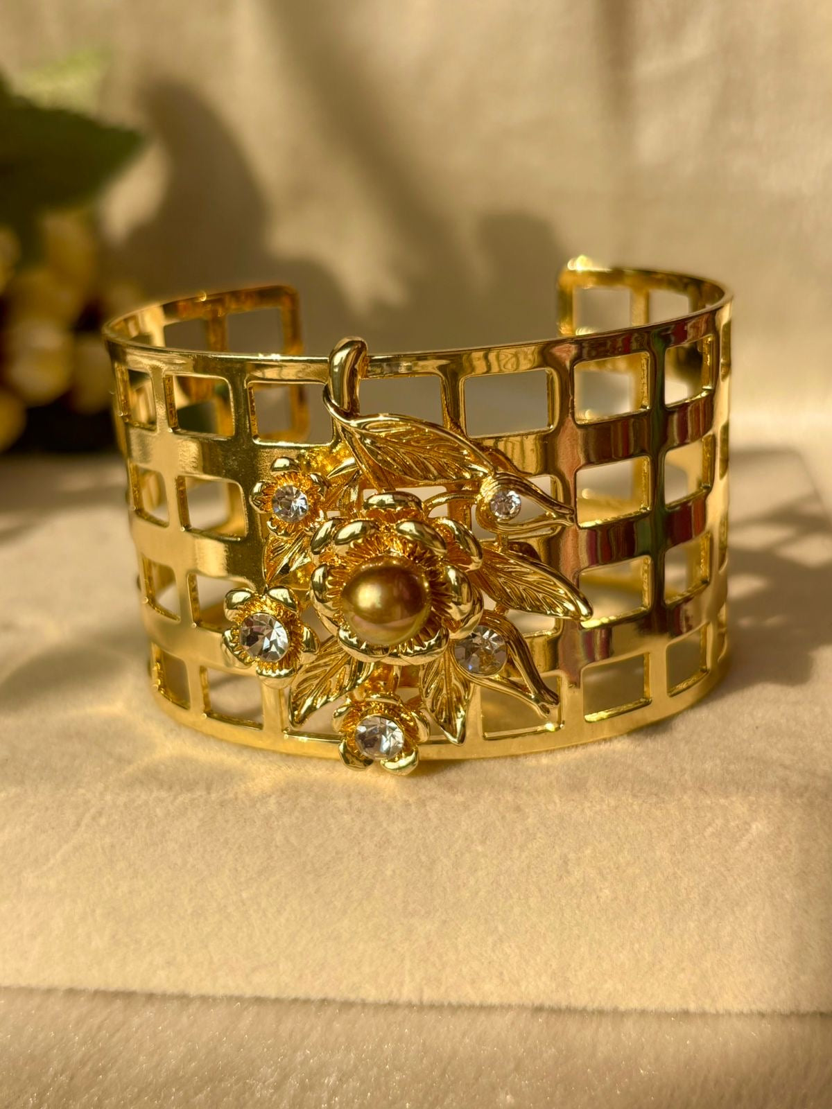 Cleopatra Gold Pearly Flower Kada Bracelet Bangle - Gold