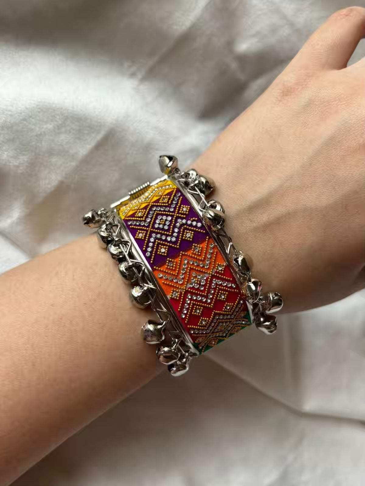 Nav Rang Designer Multicoloured Cloth Zari Bracelet - Silver