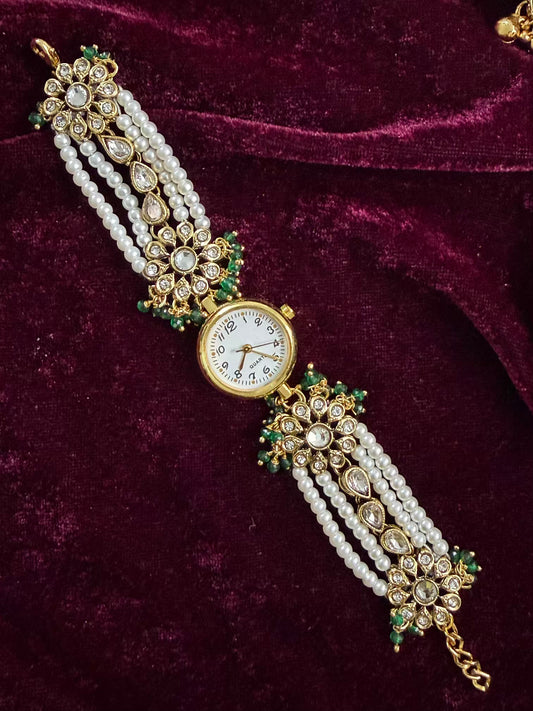 Kundan Green Gold Maharani Watch Design Heritage Bracelet