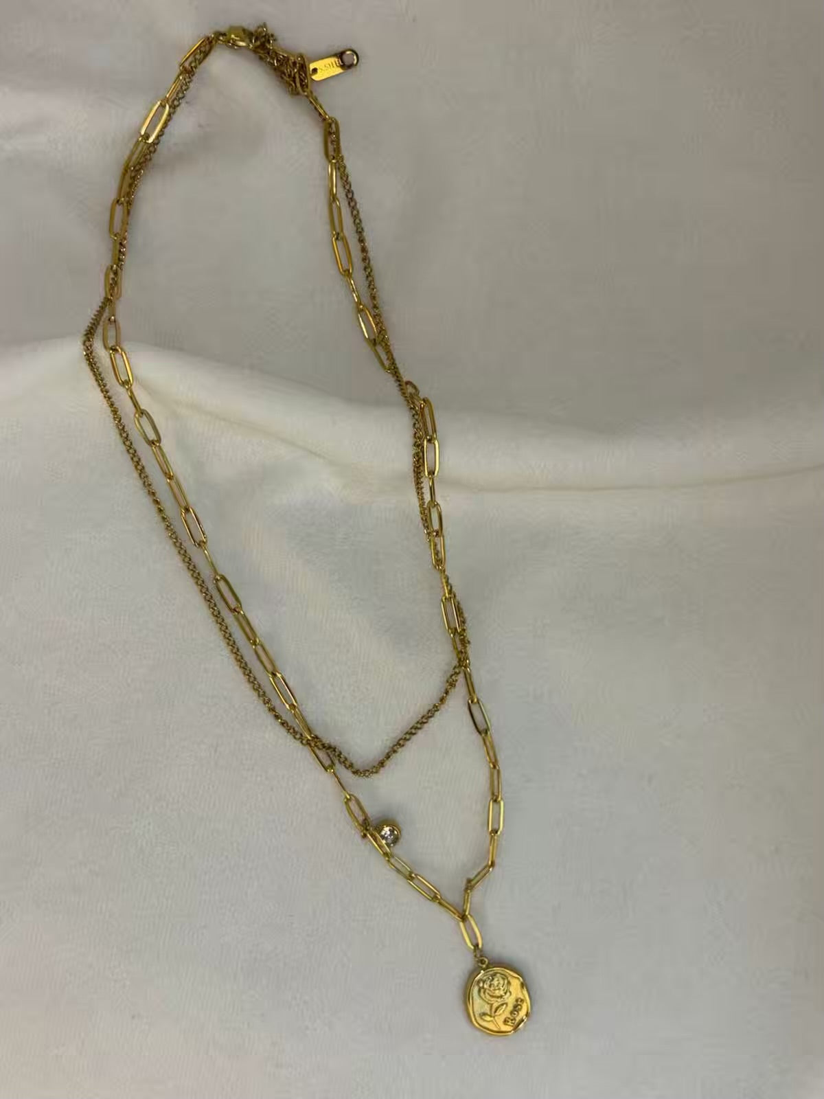 Rose Engraved Gold Plated Layered Necklace