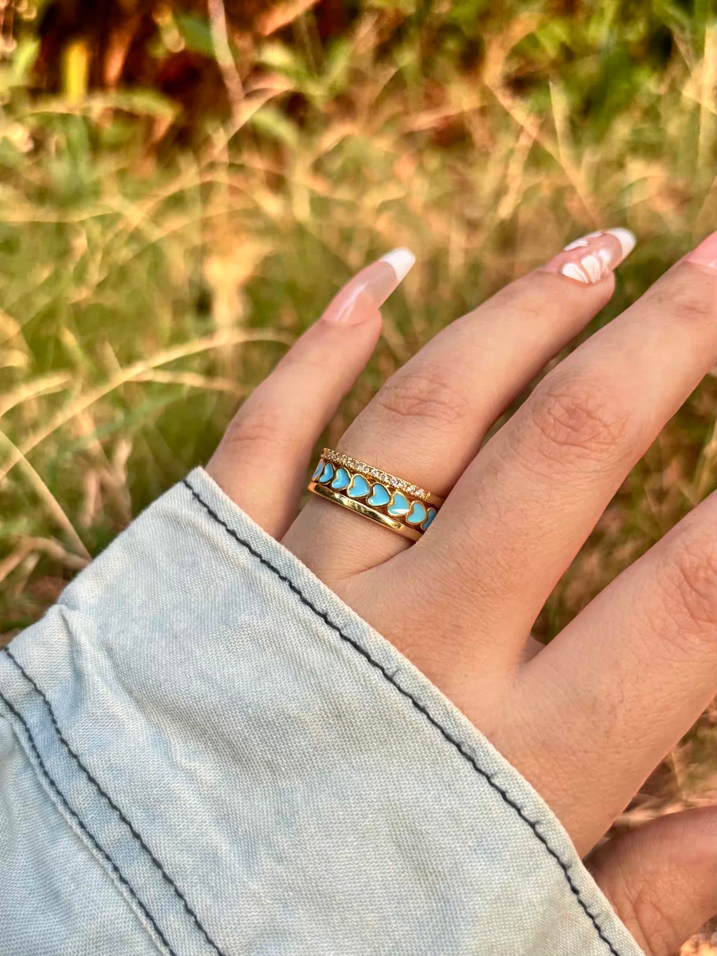 Sky Blue Hearts Band Ring - Adjustable