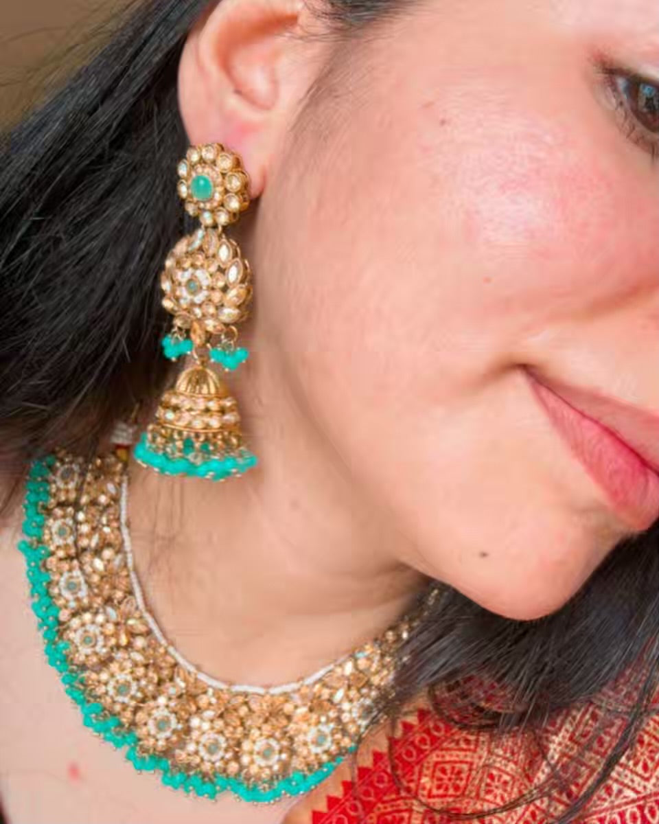 Premium Victorian Turquoise Blue Cyan Set of Necklace , Earrings and Maang Tika