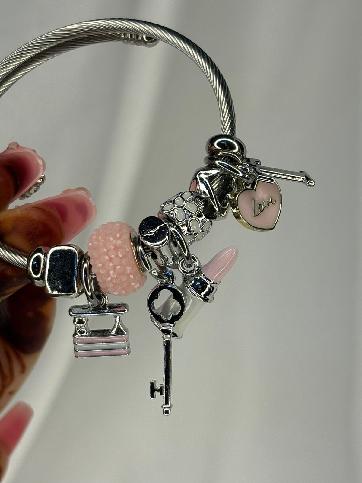 Pandora Style Black Pink Lipstick Purse Charms Bracelet With Customised Initial ( Silver)