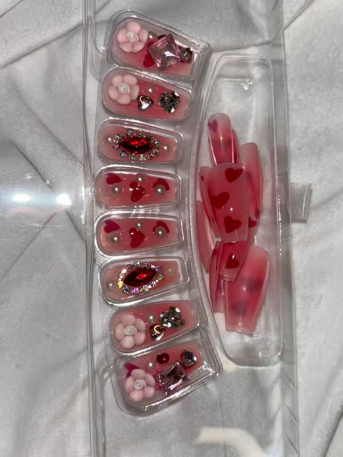Pink Hearts Ruby Stone Shimmery Fancy Party Bridal Press On Nails ( Set of 24 )