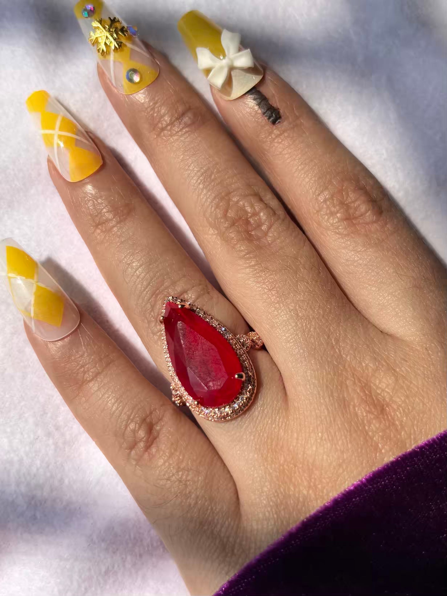 Long Drop Red Ruby Solitaire Ring ( Rose Gold ) - Adjustable