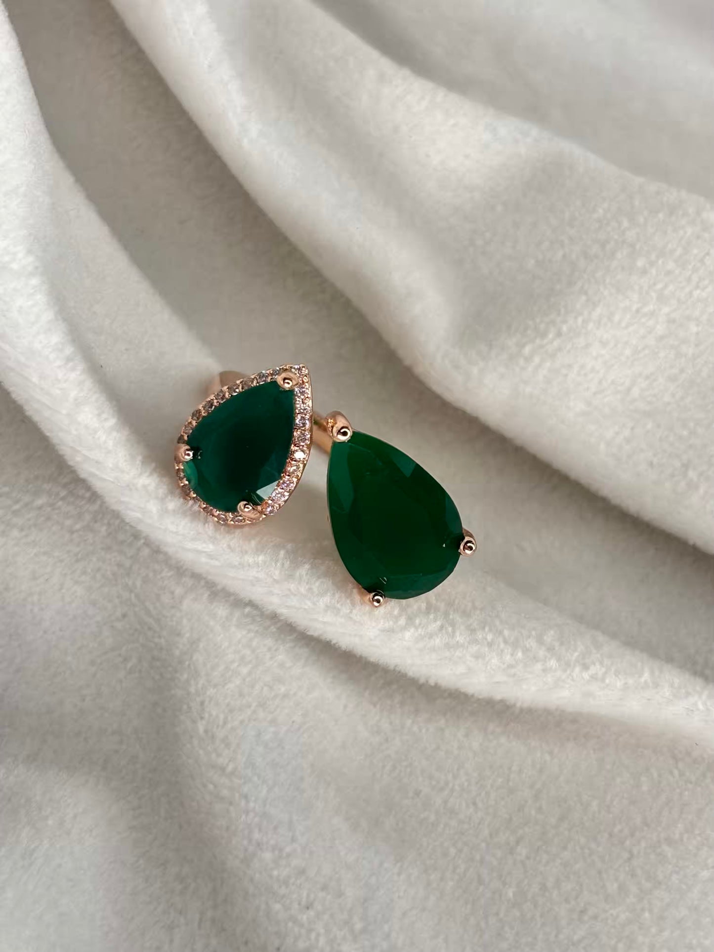 Green Emerald Dew Drop Rose Gold Ring- Adjustable