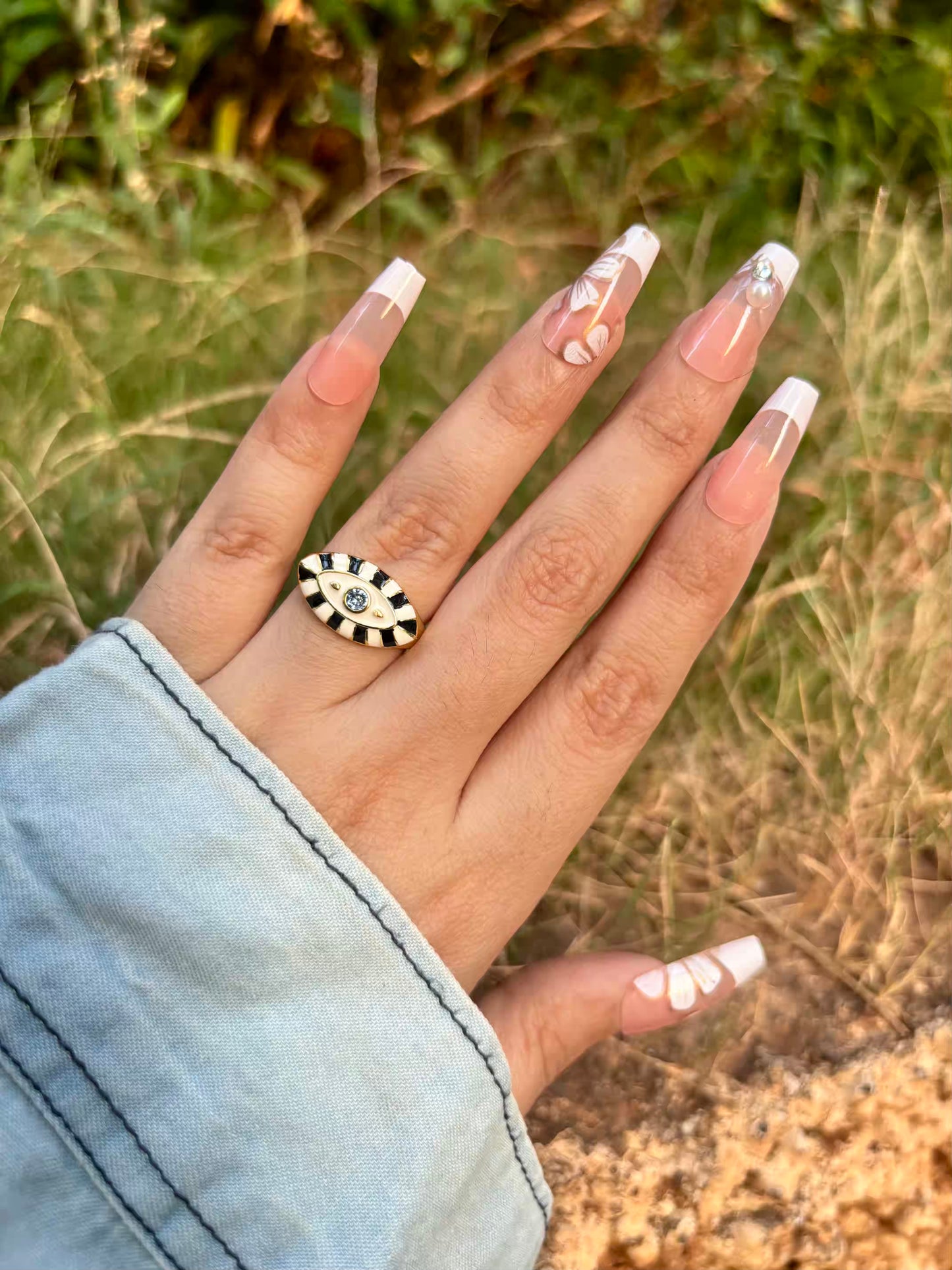 Zebra Evil Eye Nazar White Ring - Adjustable