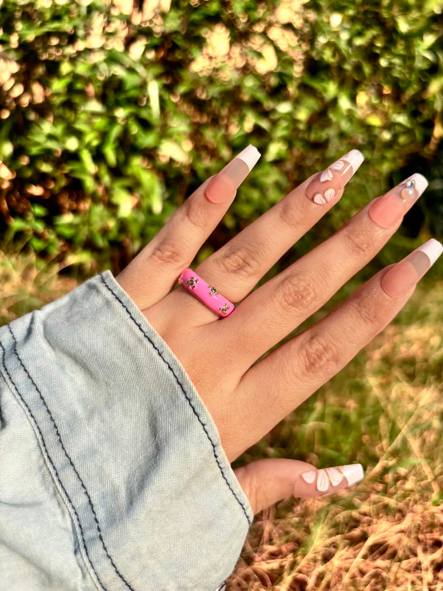 Fuschia Pink Stars Band Ring - Adjustable