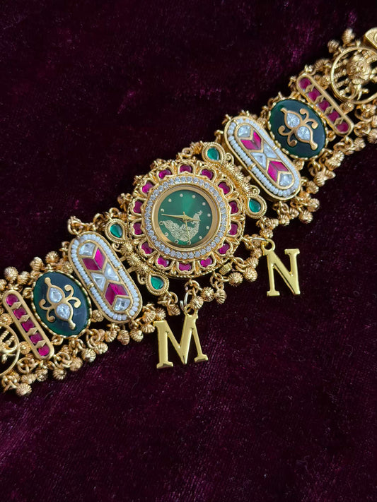 Green Peacock Kundan Watch Design Heritage Bracelet