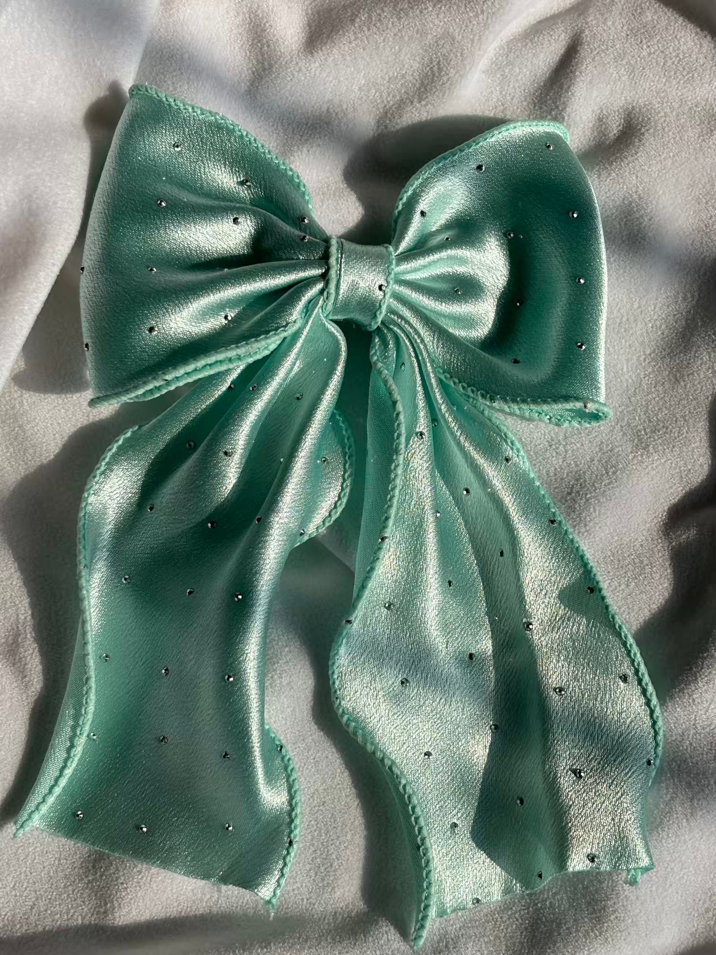Ocean Blue Green Hair Bow Clip For Women -( Satin with Diamonds )