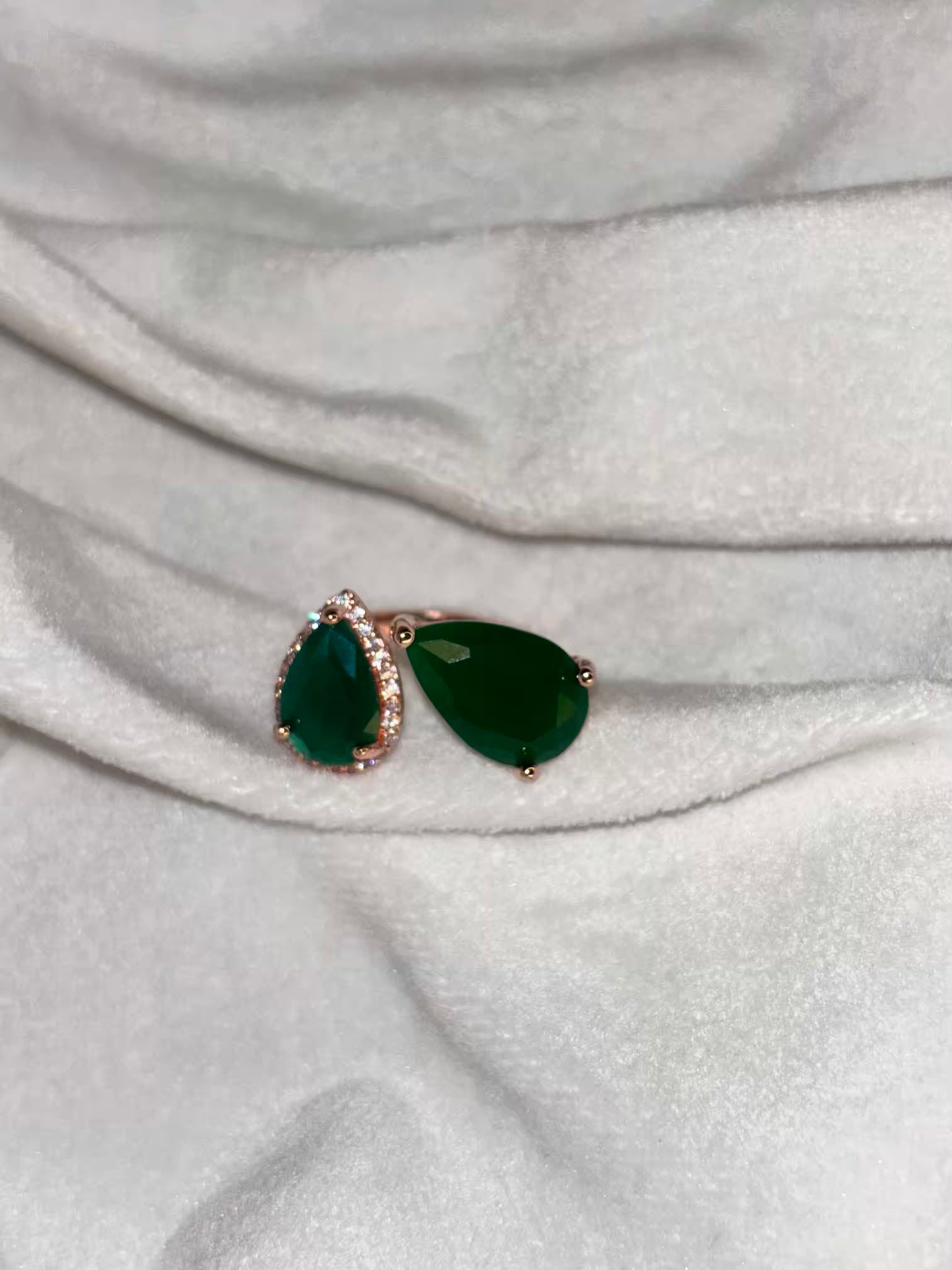 Green Emerald Dew Drop Rose Gold Ring- Adjustable