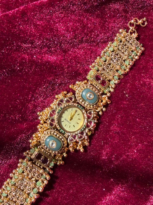Queen Temple Motif Ruby Kundan Gold Plated Heritage Maharani Watch