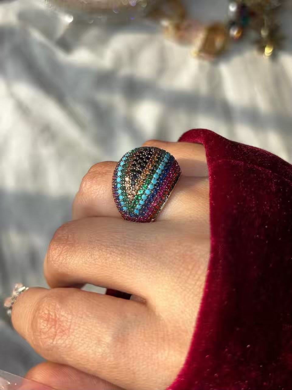 Rainbow Blue Sapphire Pink Stones Ring ( Gold Colour Plated ( Size 8 US )