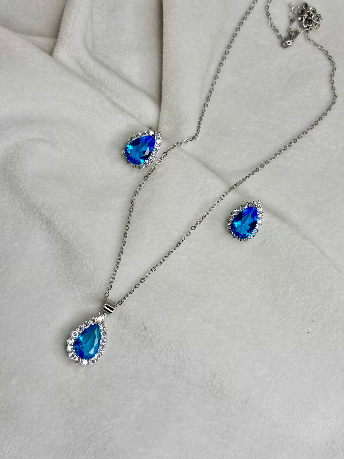 Blue Drop Necklace and Ear Studs