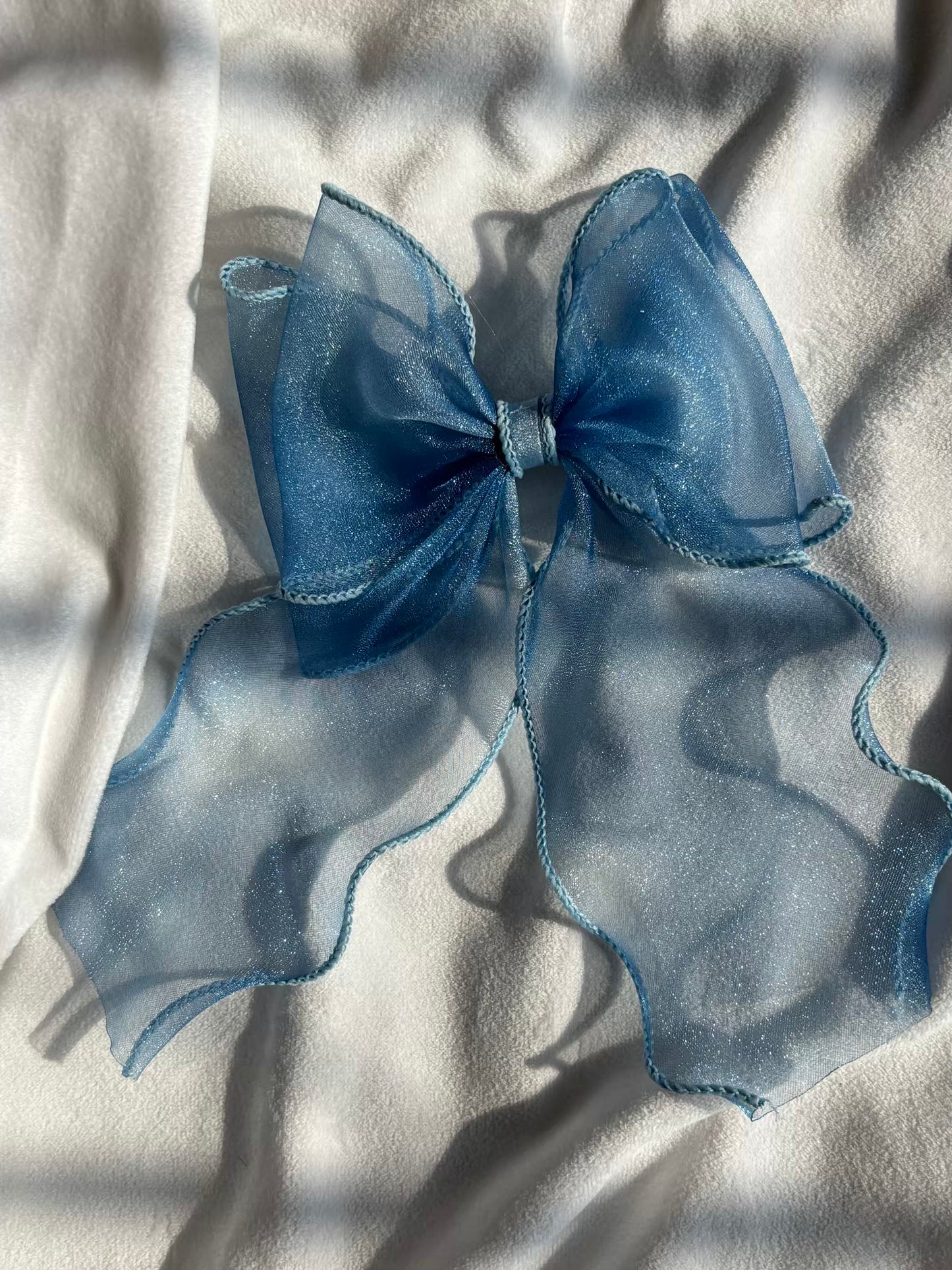Lacy Blue Layered Hair Bow Clip For Women -( Lacy Border Wavy )